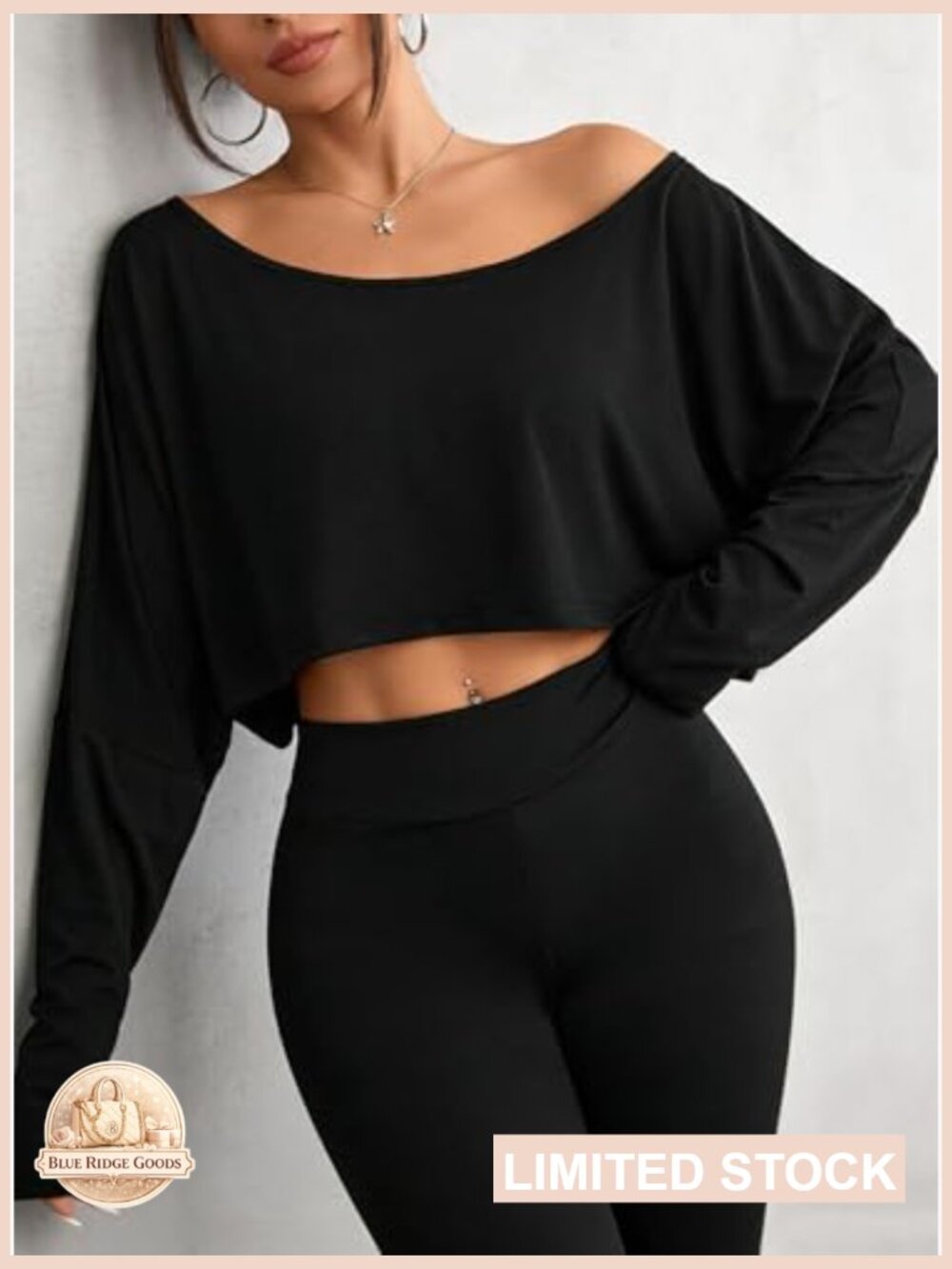 Womens Boat Neck Crop Top Long Sleeve Oversized Tee Loose Fit Sexy Off Shoulder - Picture 5 of 6